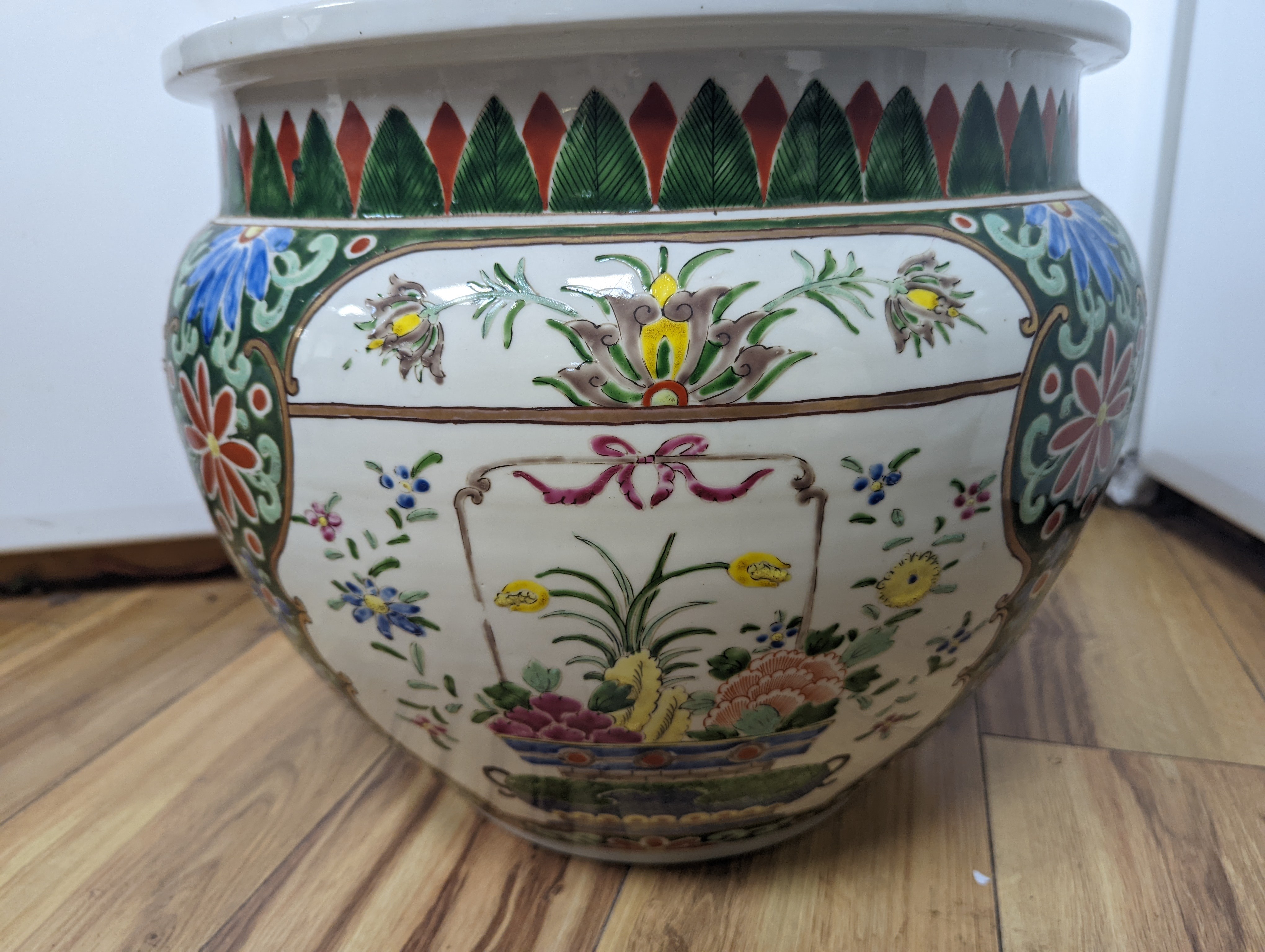 A Japanese famille rose jardiniere, height 35.5cm, 44cm diameter